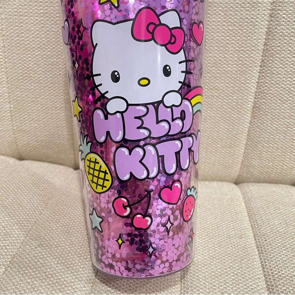 Sanrio Hello Kitty Pink Glitter Confetti Tumbler with Straw Double Wall Acrylic‎